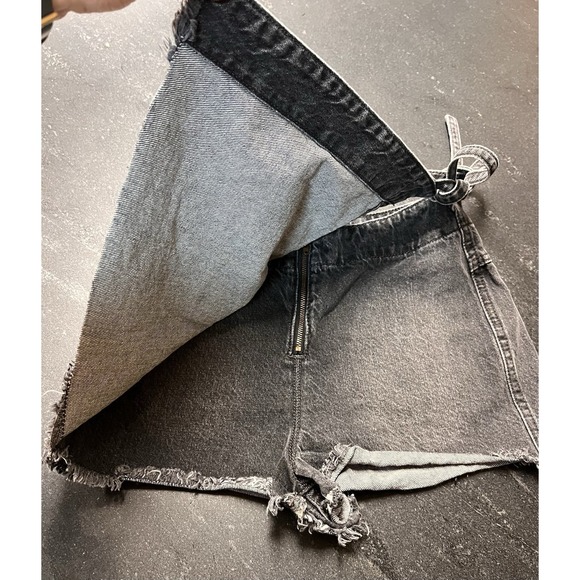 Altar'd State Black Denim Wrap Mini Skorts Sz S Acid Wash Raw Hem Tie Waist - Picture 3 of 8